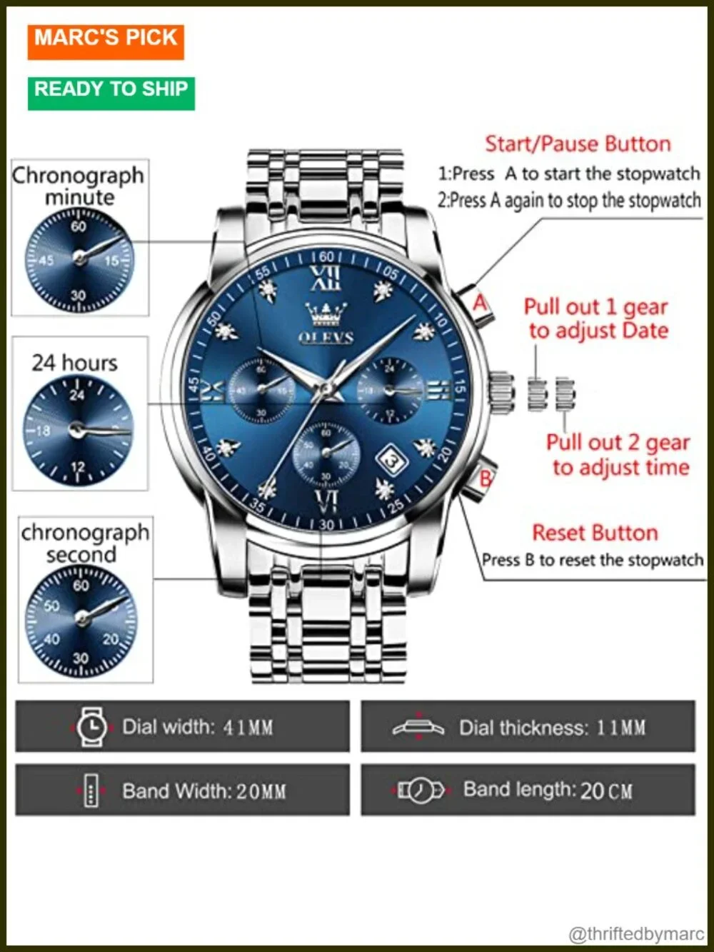 Men Multifunction Watch Waterproof Luminous Chronograph Stainless Steel
